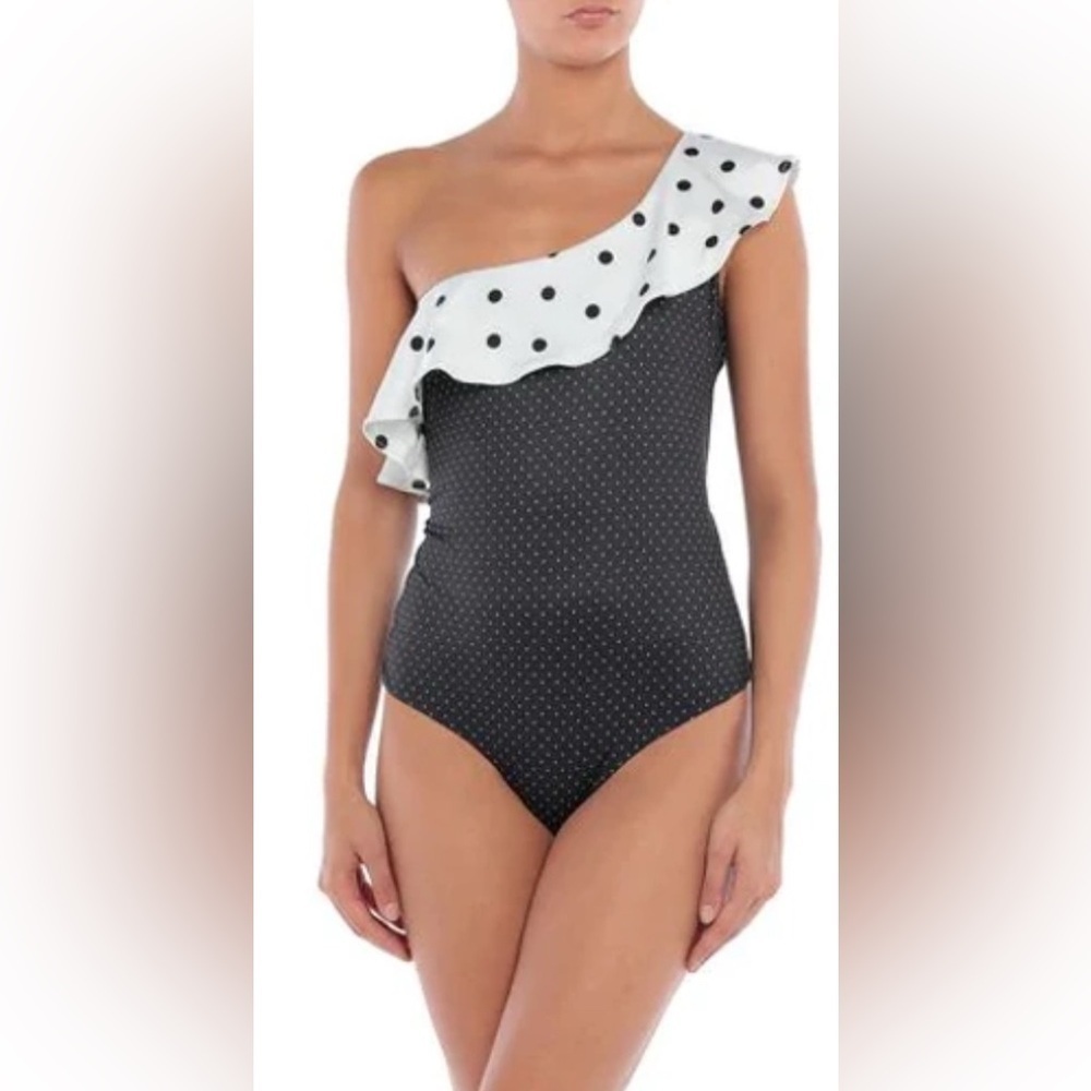 Ganni. Ruffled Polka Dot One-Shoulder Swimsuit Size EU40/US 8/10